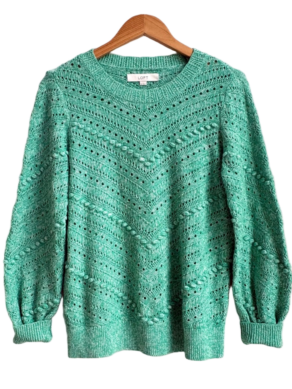 LOFT 100% cotton pretty sea foam green nubby open knit sweater size med M